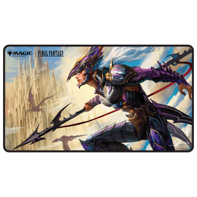 UltraPro Black Stitched Playmat: MTG - Universes Beyond Final Fantasy - X - Black stitched playmat featuring armored warrior in purple and silver with long spear and castle backdrop.