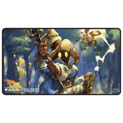 UltraPro Black Stitched Playmat: MTG - Universes Beyond Final Fantasy - Y - Black rectangular playmat with stitched edges featuring a hooded Final Fantasy character holding a staff, set against a blue