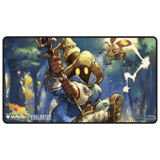 UltraPro Black Stitched Playmat: MTG - Universes Beyond Final Fantasy - Y - Black rectangular playmat with stitched edges featuring a hooded Final Fantasy character holding a staff, set against a blue