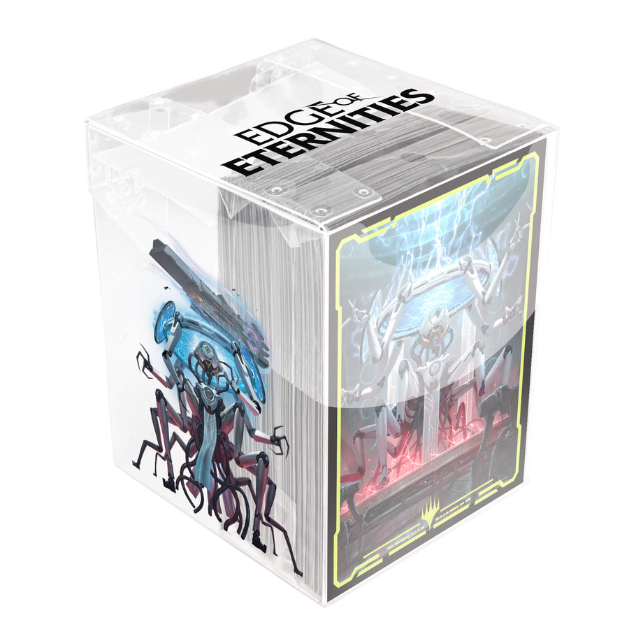 Deck Protectors in Clear Box: Magic the Gathering: Edge of Eternities - Counter Intelligence - Clear plastic deck protector box with Magic the Gathering Edge of Eternities card sleeves featuring holographic sci-fi.