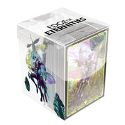 Deck Protectors in Clear Box: Magic the Gathering: Edge of Eternities - World Shaper - Clear plastic box containing card sleeves featuring colorful fantasy artwork of a winged figure riding a dark steed with.