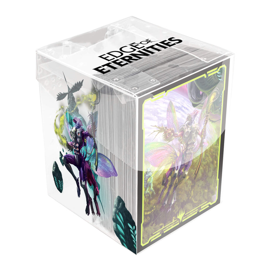 Deck Protectors in Clear Box: Magic the Gathering: Edge of Eternities - World Shaper - Clear plastic box containing card sleeves featuring colorful fantasy artwork of a winged figure riding a dark steed with.