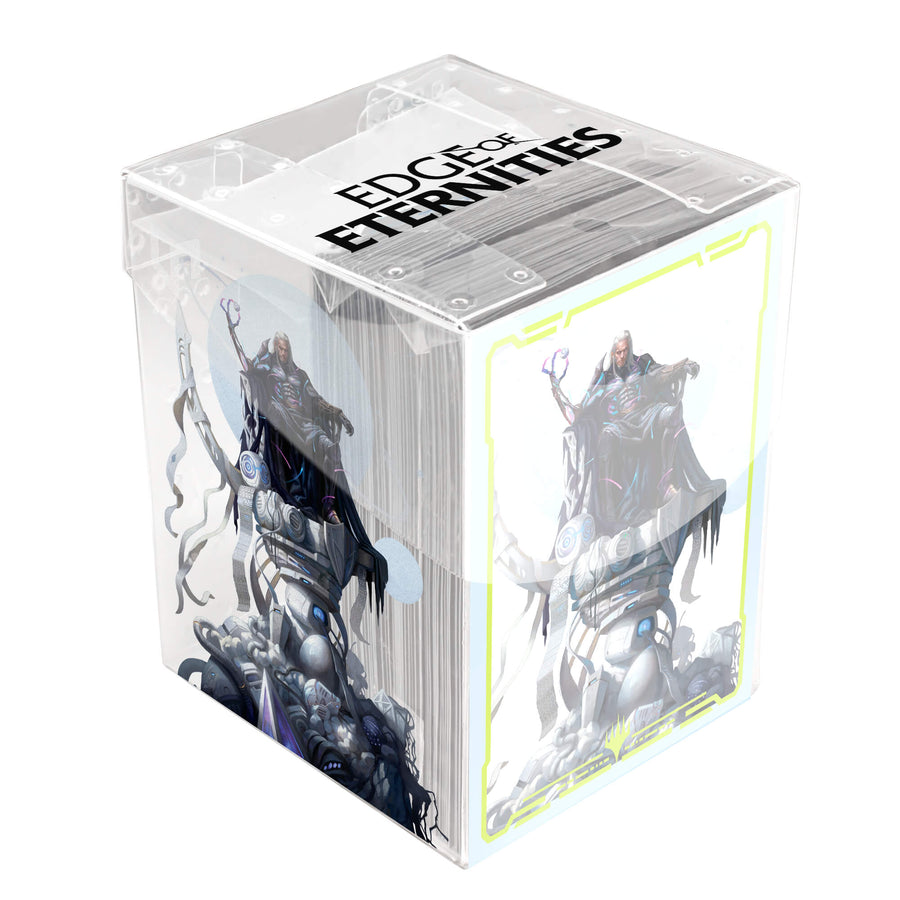 Deck Protectors in Clear Box: Magic the Gathering: Edge of Eternities - Tezzeret, Cruel Captain - Clear plastic deck protectors box featuring dark fantasy artwork of armored figure with staff and mechanical elements,.