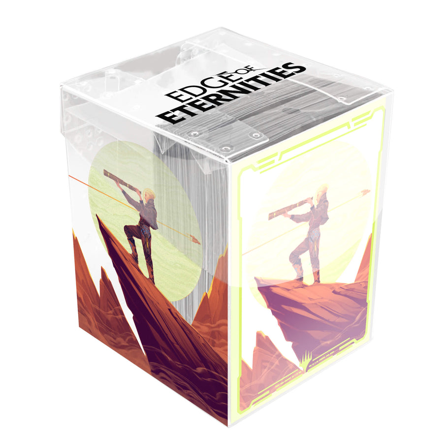 Deck Protectors in Clear Box: Magic the Gathering: Edge of Eternities - Sami, Wildcat Captain - Clear rectangular box containing Magic the Gathering card sleeves featuring artwork of a character named Sami, Wildcat.