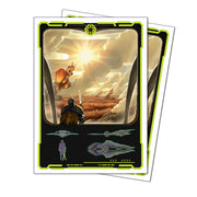 Apex Deck Protectors: Magic the Gathering: Edge of Eternities - Adagia, Windswept Bastion - Magic the Gathering card sleeve featuring a glowing fortress with warm light and a figure in armor, framed by black and neon