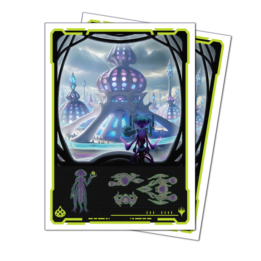 Apex Deck Protectors: Magic the Gathering: Edge of Eternities - Uthros, Titanic Godcore - Rectangular card sleeves featuring a futuristic cityscape with glowing purple domes and a silhouetted figure, bordered in.