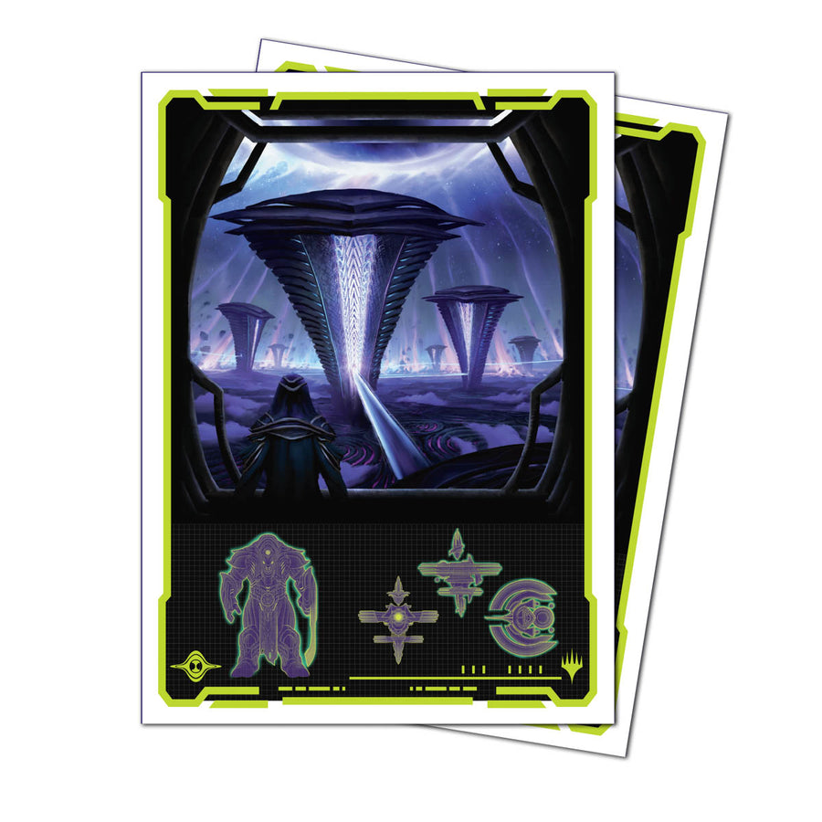 Apex Deck Protectors: Magic the Gathering: Edge of Eternities - Susur Secundi, Void Altar - Deck protector sleeves featuring dark sci-fi landscape with towering void altars, neon green trim, and character icons at.