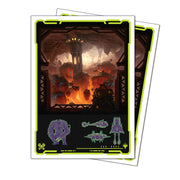Apex Deck Protectors: Magic the Gathering: Edge of Eternities - Kavaron, Memorial World - Two card sleeves featuring dark fantasy artwork with glowing orange and red tones, framed by neon green borders and small.