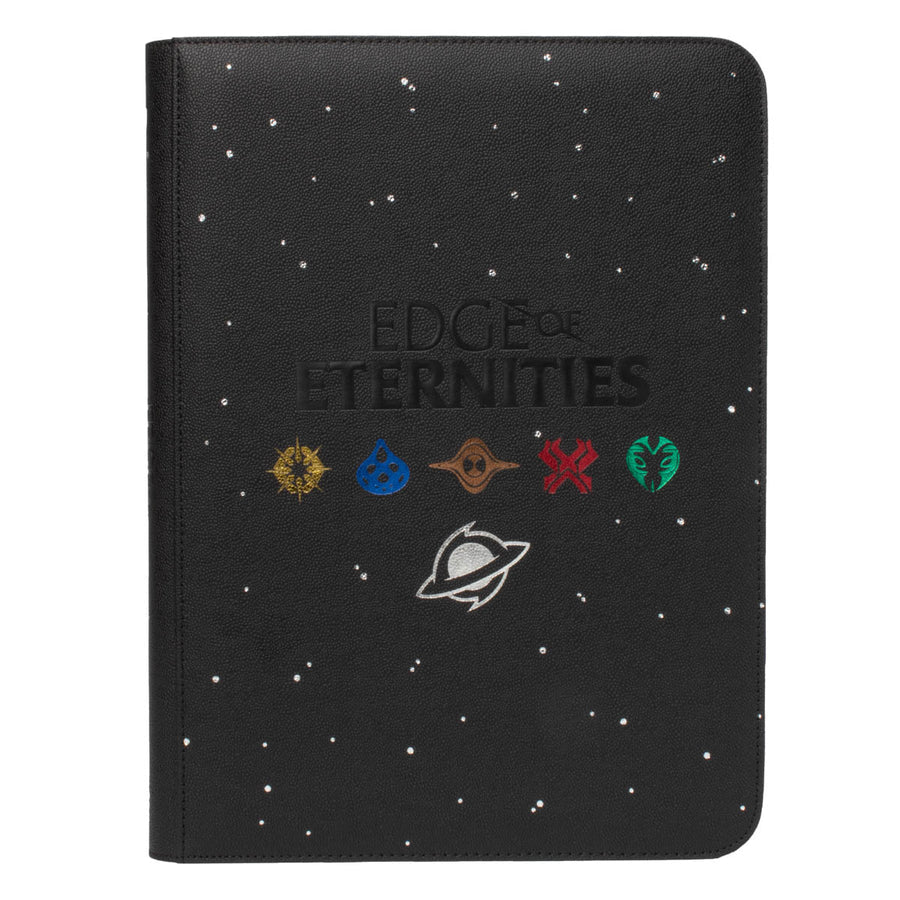 Ultra Pro 9-Pocket Zippered Binder: Magic the Gathering: Edge of Eternities - Sothera, the Supervoid - Black zippered card binder with starry pattern and colorful Edge of Eternities symbols on front cover.