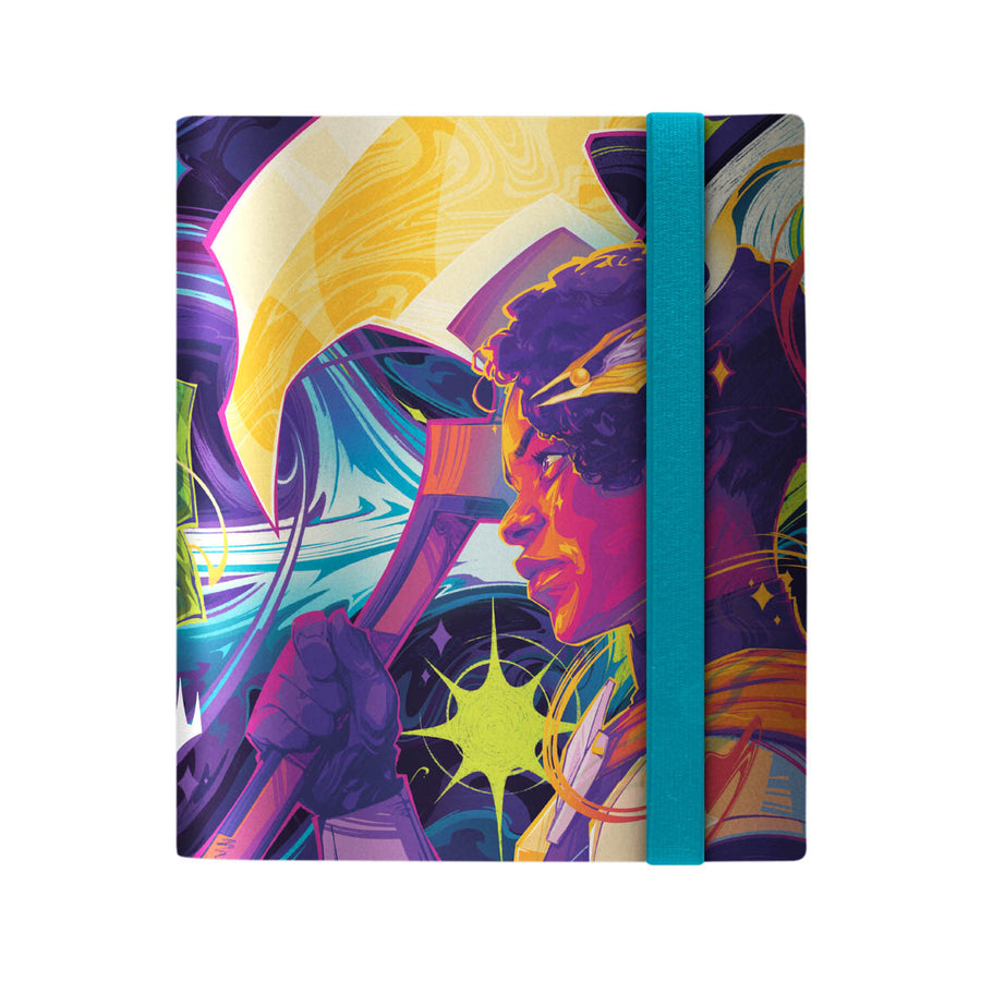 Ultra Pro 4-Pocket Binder: Magic the Gathering: Edge of Eternities - Faceoff - Compact card binder with vibrant purple and yellow Edge of Eternities artwork, secured by a teal elastic band.