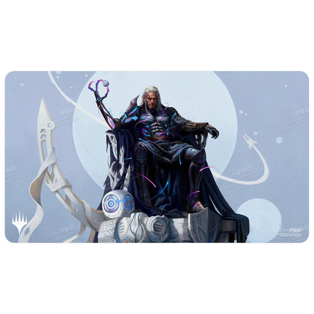 Ultra Pro Playmat: Magic the Gathering: Edge of Eternities - Tezzeret, Cruel Captain - Playmat with dark, detailed artwork of a silver-haired character in black and purple armor holding a staff, set against a.