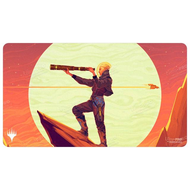 Ultra Pro Playmat: Magic the Gathering: Edge of Eternities - Sami, Wildcat Captain - Rectangular playmat with vibrant orange and red sunset background, featuring a character in dark armor aiming a rifle while.