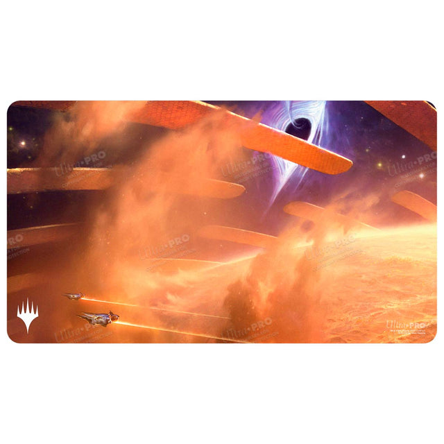 Ultra Pro Playmat: Magic the Gathering: Edge of Eternities - Adagia, Windswept Bastion - Rectangular gaming playmat with fiery orange and red cosmic landscape and glowing light beams.