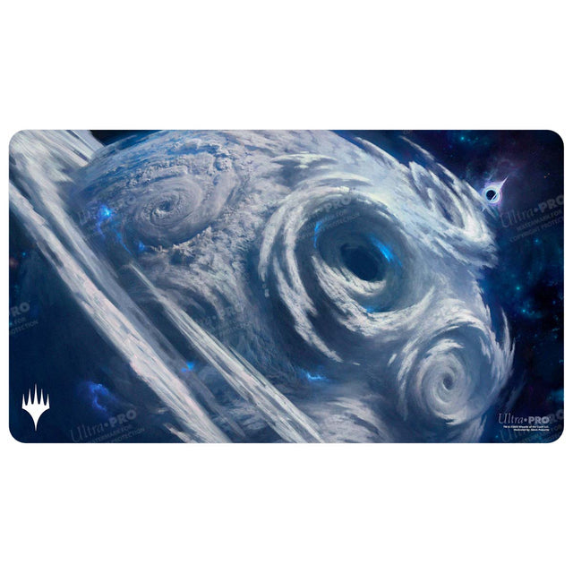 Ultra Pro Playmat: Magic the Gathering: Edge of Eternities - Uthros, Titanic Godcore - Rectangular playmat with a cosmic design featuring swirling blue and white storm-like patterns and dark voids.