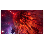 Ultra Pro Playmat: Magic the Gathering: Edge of Eternities - Kavaron, Memorial World - Rectangular playmat featuring fiery red and orange cosmic explosion with dark purple and black outer space background, Magic