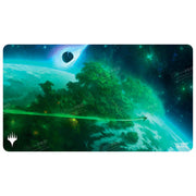Ultra Pro Playmat: Magic the Gathering: Edge of Eternities - Evendo, Waking Haven - Rectangular playmat featuring a vibrant cosmic scene with a green and blue planet, glowing energy lines, and a dark asteroid