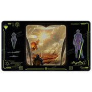 Ultra Pro Holofoil Playmat: Magic the Gathering: Edge of Eternities - Adagia, Windswept Bastion - Black rectangular playmat with holographic glow, featuring central fantasy landscape with armored figure and floating ship,.