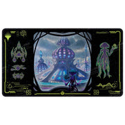 Ultra Pro Holofoil Playmat: Magic the Gathering: Edge of Eternities - Uthros, Titanic Godcore - Black Magic the Gathering playmat with vivid purple-blue alien cityscape and glowing bio-organic designs on edges.