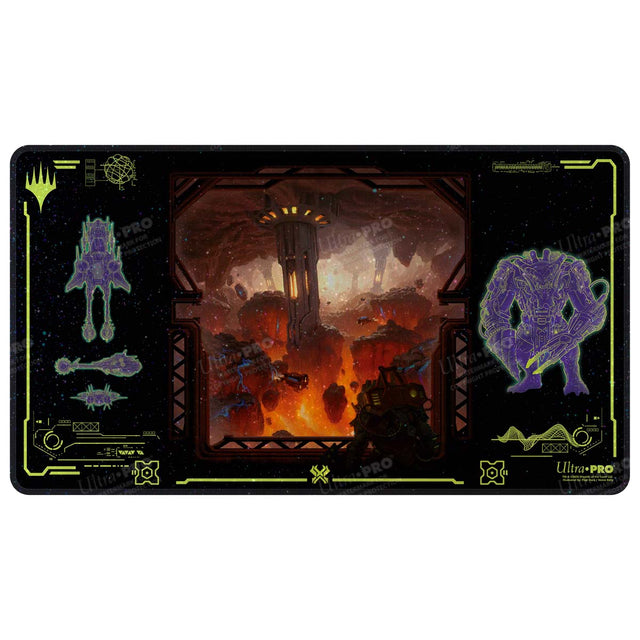 Ultra Pro Holofoil Playmat: Magic the Gathering: Edge of Eternities - Kavaron, Memorial World - Black rectangular playmat with vivid orange and red fantasy landscape in center, featuring towering dark spire and fiery.