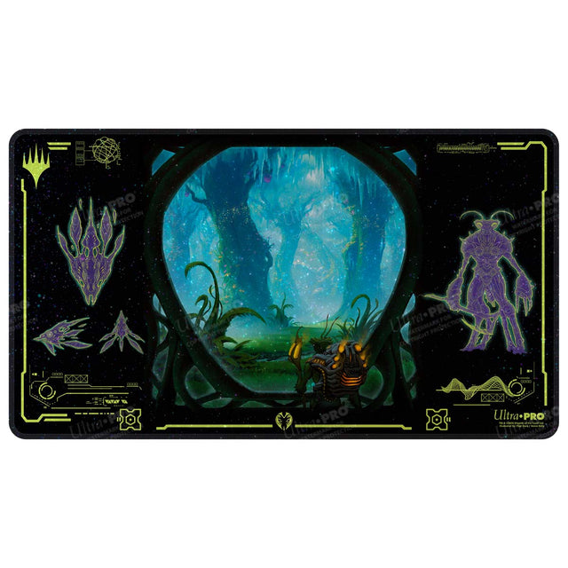 Ultra Pro Holofoil Playmat: Magic the Gathering: Edge of Eternities - Evendo, Waking Haven - Rectangular playmat with dark borders featuring neon green line art and symbols, central circular window showing a mystical.