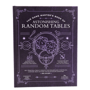 D&D 5E: Game Master's Book of Astonishing Random Tables - Purple hardcover book titled "The Game Master's Book of Astonishing Random Tables" with white D20 dice and arcane symbols on