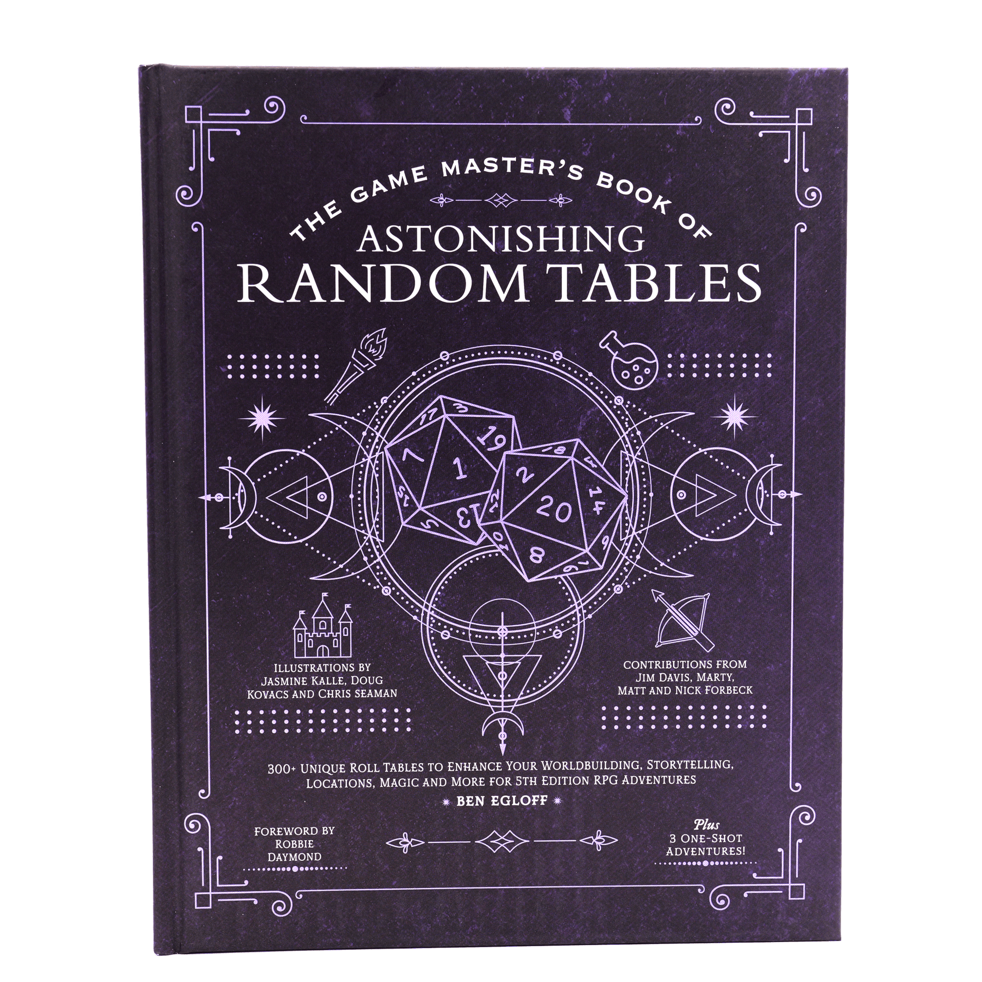 D&D 5E: Game Master's Book of Astonishing Random Tables - Purple hardcover book titled "The Game Master's Book of Astonishing Random Tables" with white D20 dice and arcane symbols on