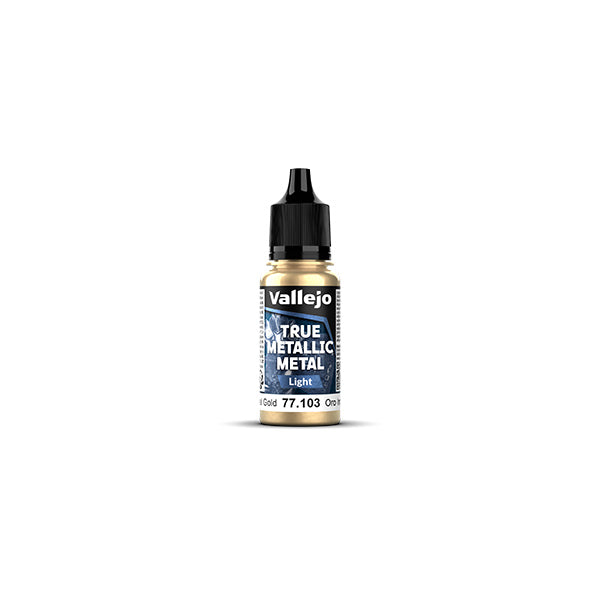 Vallejo True Metallic Metal Light: Imperial Gold (18ml) - Small plastic bottle of Vallejo metallic paint in bright imperial gold with black twist cap and blue label.