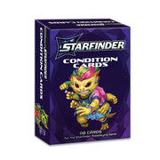 Starfinder 2E: Condition Cards Deck (PREORDER) - Purple box featuring colorful alien character holding a yellow sword, labeled Starfinder Condition Cards deck with 110 cards.