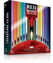 Red Rising - Red Rising card game box with colorful vertical stripes, silhouettes of characters, and a red helmet emblem on black.