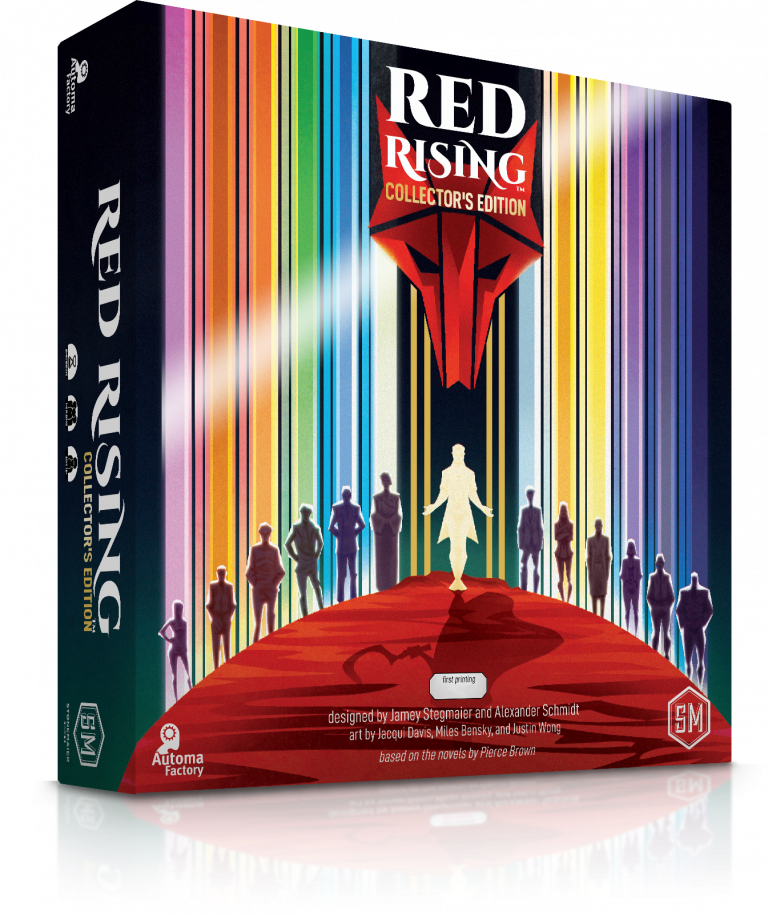 Red Rising - Red Rising card game box with colorful vertical stripes, silhouettes of characters, and a red helmet emblem on black.