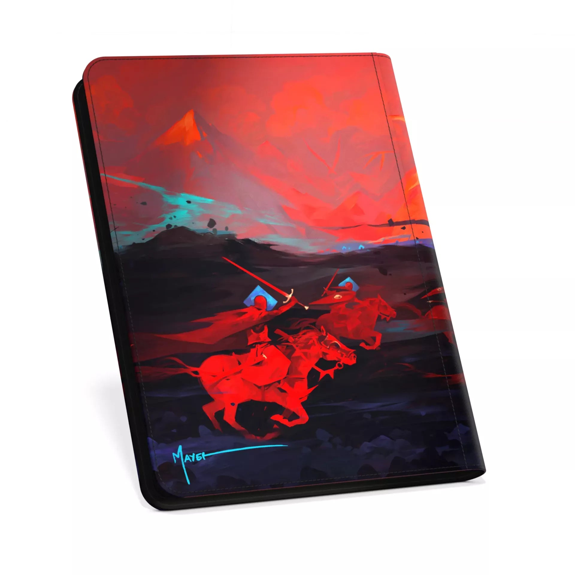 Ultimate Guard 18-Pocket Zipfolio - 2024 Exclusive Dominik Mayer: Crowned with Fire - Black zipfolio with red and blue warrior artwork on horseback against a fiery red and dark background.