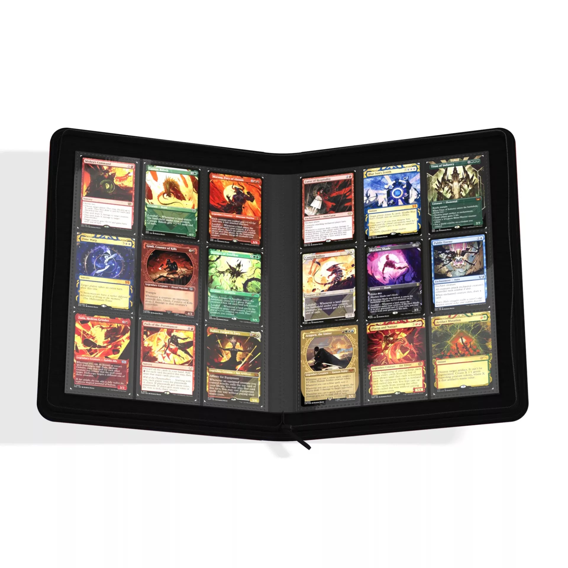 Ultimate Guard 18-Pocket Zipfolio - 2024 Exclusive Dominik Mayer: Crowned with Fire - Black zipfolio open to display 18 card pockets, each holding collectible cards with colorful fantasy artwork and text.