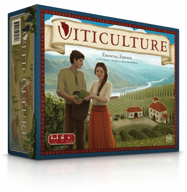 Viticulture - Viticulture board game box with vineyard illustration, a man and woman holding grapes, and countryside landscape.