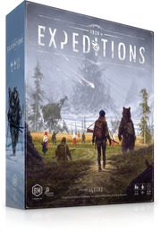 Expeditions - Board game box for Expeditions featuring a misty wilderness scene with explorers and bears under a cloudy sky.