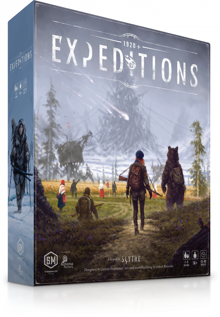 Expeditions - Board game box for Expeditions featuring a misty wilderness scene with explorers and bears under a cloudy sky.