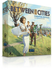 Between Two Cities - Essential Edition - Square board game box with illustrated cover showing two women and a man outdoors, one woman holding papers, with cityscape.