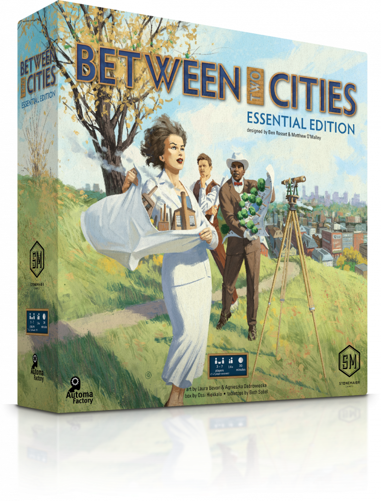 Between Two Cities - Essential Edition - Square board game box with illustrated cover showing two women and a man outdoors, one woman holding papers, with cityscape.