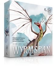 Wyrmspan - Board game box featuring a detailed illustration of a red and gold dragon with large white wings against a cloudy sky.