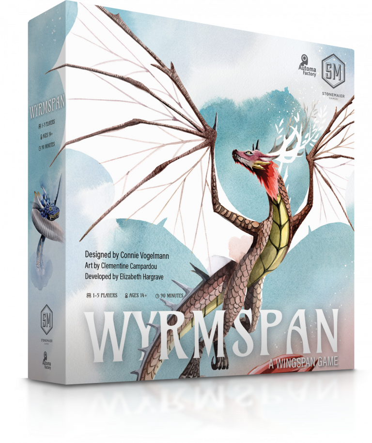 Wyrmspan - Board game box featuring a detailed illustration of a red and gold dragon with large white wings against a cloudy sky.