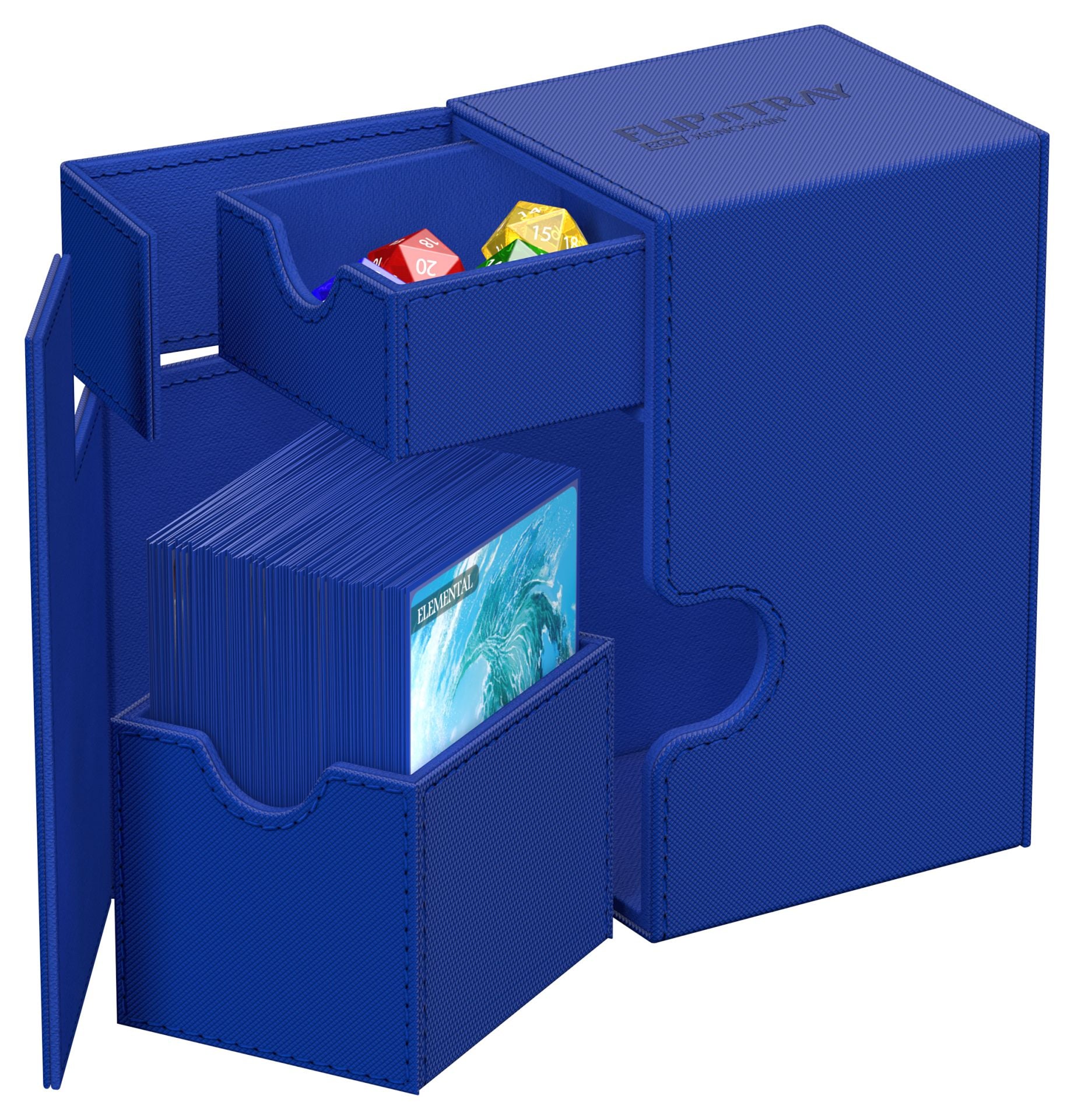 Ultimate Guard Flip 'N' Tray 80 - Blue - Blue Ultimate Guard Flip 'N' Tray 80 deck box with two pull-out trays holding cards and dice.