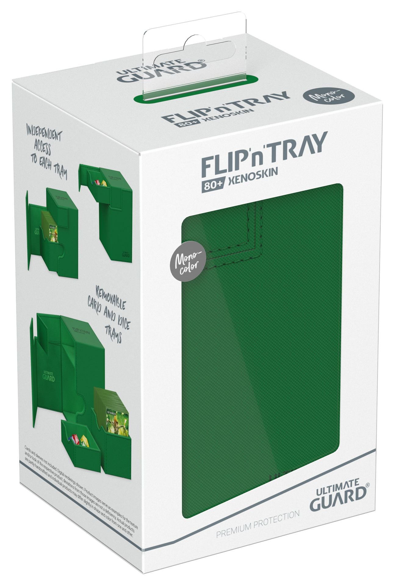 Ultimate Guard Flip 'N' Tray 80 - Green - Green rectangular deck box with smooth exterior and sturdy flip tray design in branded packaging.