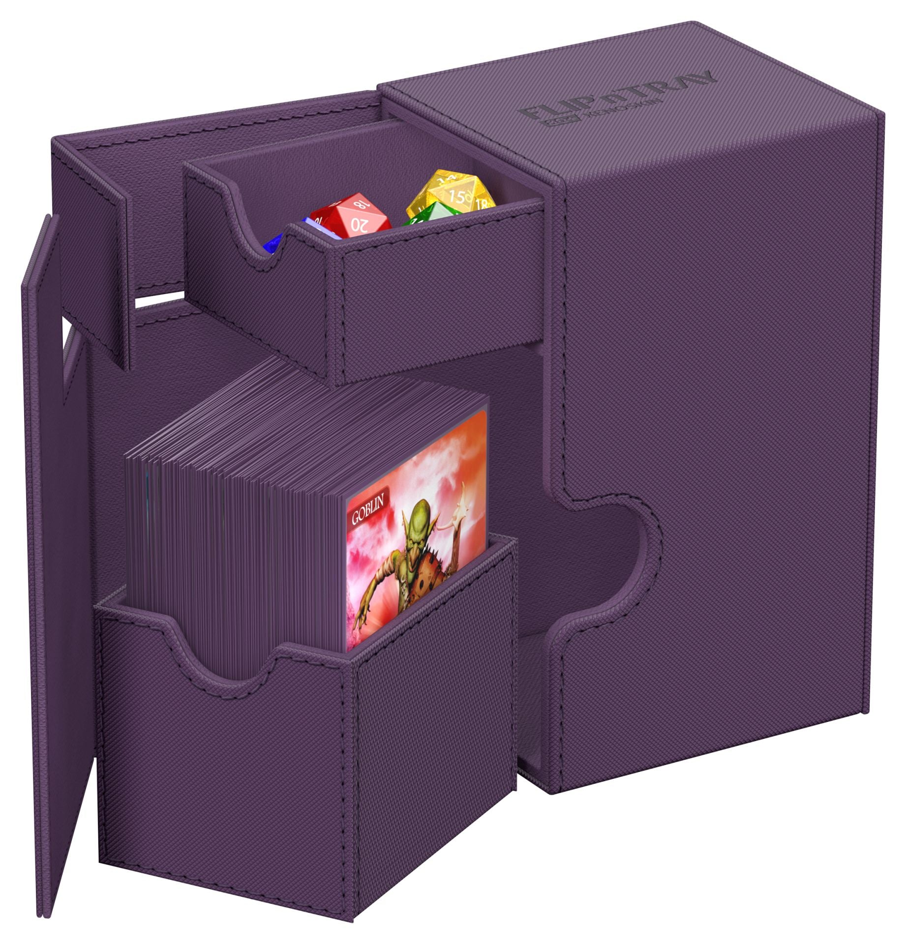 Ultimate Guard Flip 'N' Tray 80 - Purple - Purple Ultimate Guard Flip 'N' Tray 80 deck box with open lid, inner tray holding dice, and card storage compartment.
