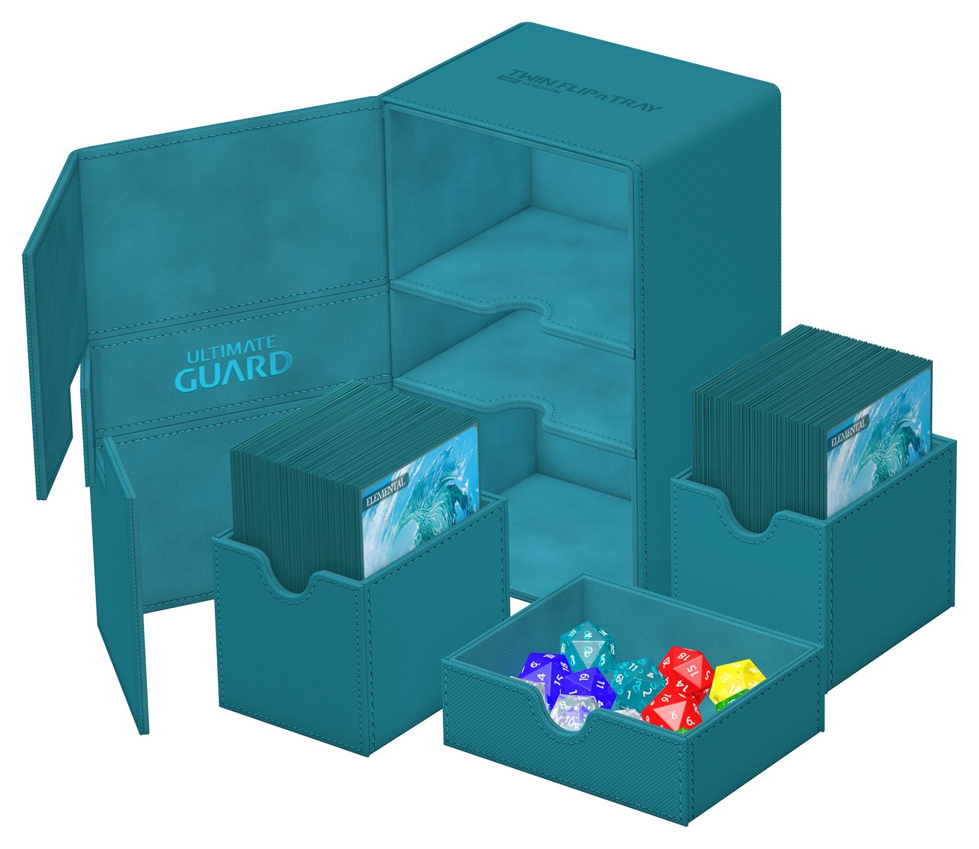 Ultimate Guard Twin Flip'n'Tray 160+ - Petrol - Petrol blue Ultimate Guard Twin Flip'n'Tray 160+ card storage box with multiple compartments and trays, shown open with.