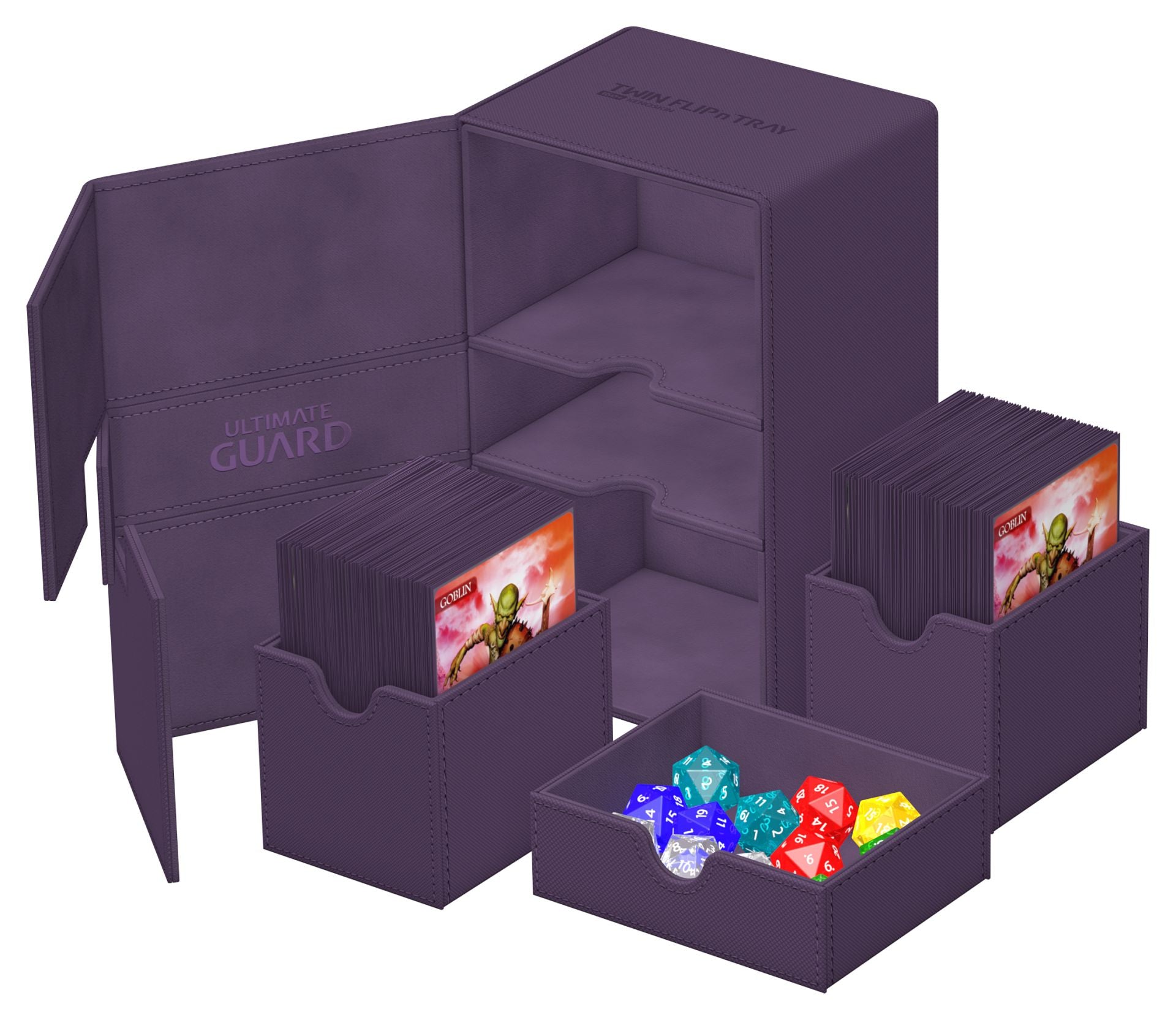 Ultimate Guard Twin Flip'n'Tray 160+ - Purple - Purple Ultimate Guard Twin Flip'n'Tray deck box with two card compartments and a dice tray holding colorful polyhedral dice.