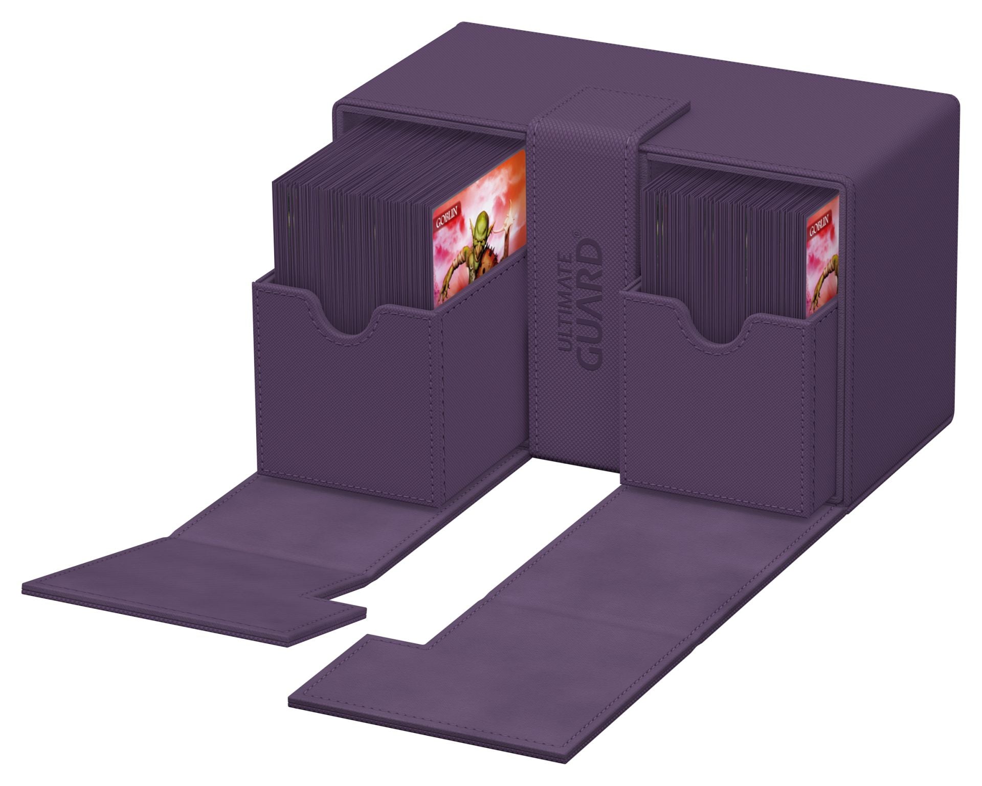 Ultimate Guard Twin Flip'n'Tray 160+ - Purple - Purple dual compartment card storage box with flip-open lids and textured exterior.
