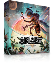 Apiary - Colorful board game box with a cosmic beekeeper character holding a glowing orb against a large sun and planets background.