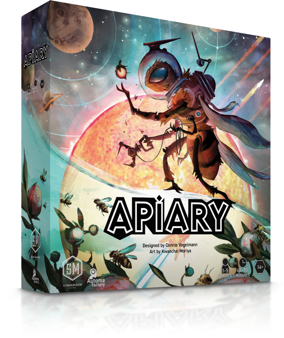 Apiary - Colorful board game box with a cosmic beekeeper character holding a glowing orb against a large sun and planets background.