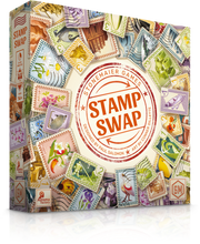 Stamp Swap - Square board game box with colorful vintage-style postage stamps scattered around the front, featuring a large circular.