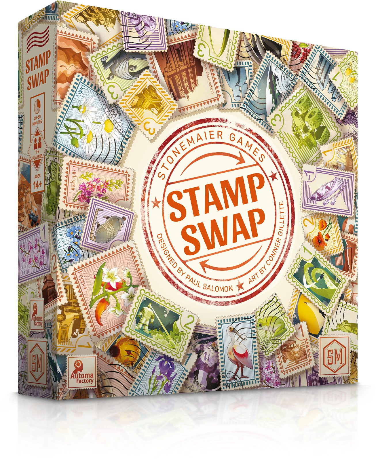 Stamp Swap - Square board game box with colorful vintage-style postage stamps scattered around the front, featuring a large circular.