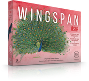 Wingspan Asia - Wingspan Asia board game box featuring a colorful peacock with vibrant green and blue feathers on a pink background.